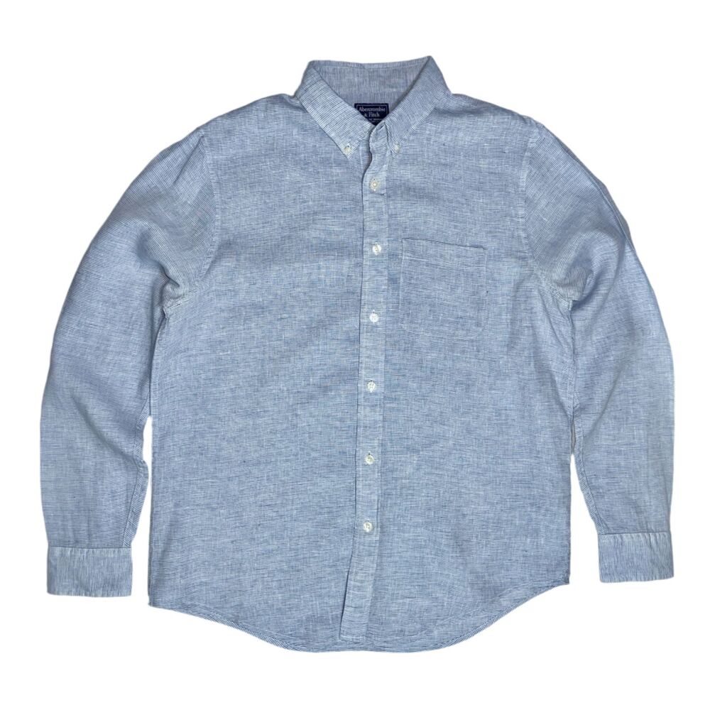 Abercrombie & Fitch Men's Large 100% Linen Shirt Blue Striped Summer Style - Picture 1 of 10